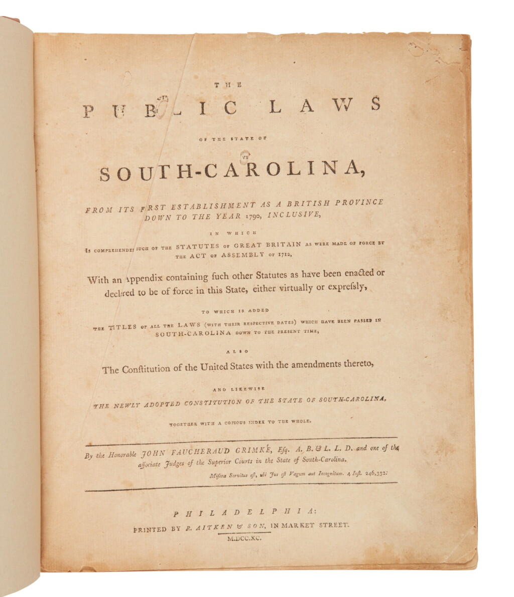 View full screen - View 1 of Lot 46. South Carolina | First edition of an important compendium of laws and statutes.