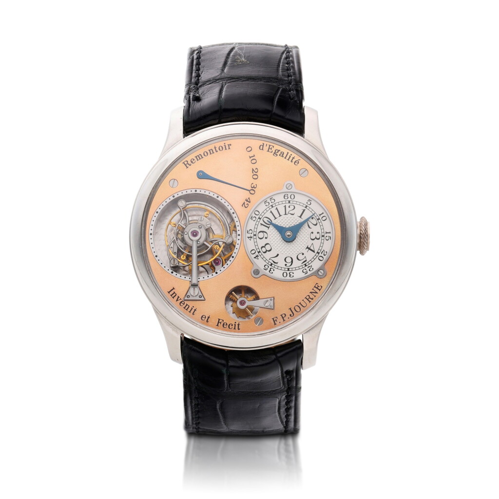View full screen - View 1 of Lot 75. Tourbillon Souverain à Remontoir d'Egalite | A platinum tourbillon wristwatch with constant force remontoir, power reserve indication and brass movement, Circa 1999 | F.P. Journe Tourbillon Souverain à Remontoir d'Egalite | 鉑金陀飛輪腕錶備恆動力裝置、動力儲存顯示及黃銅機芯,約1999年製.