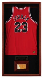 Michael Jordan 1998 Finals Game-Used Basketball Court Fragment and Signed Commemorative Chicago Bulls Jersey