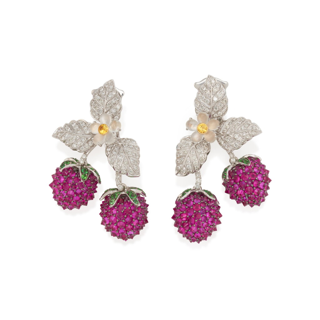 View full screen - View 1 of Lot 1. Pair of gem set and diamond earrings.