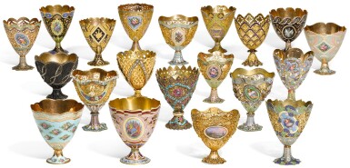 View full screen - View 1 of Lot 18. AN IMPORTANT COLLECTION OF TWENTY ENAMELLED GOLD AND GILT ZARFS, MADE FOR THE OTTOMAN MARKET, SWITZERLAND, 19TH CENTURY .