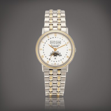 View full screen - View 1 of Lot 2268. Reference 6595 | A yellow gold and stainless steel triple calendar bracelet watch with moon phases, Circa 1995 | 寶珀 | 型號 6595 | 黃金精鋼全日曆鏈帶腕錶,備月相,約1995製.