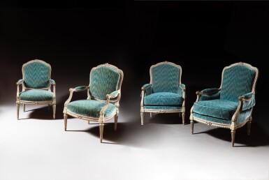 View full screen - View 1 of Lot 22. A set of Louis XVI white-painted wood seat furniture, circa 1775, by Louis-Charles Carpentier.