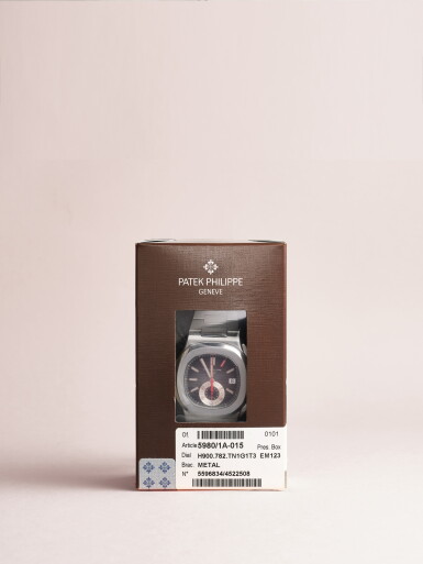 View full screen - View 1 of Lot 2595. Nautilus “Red One”, Reference 5980 | A possibly unique stainless steel flyback chronograph bracelet watch with date and red dial accents, In double factory seal, Circa 2009.