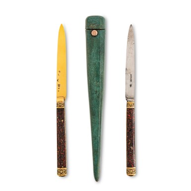 View full screen - View 1 of Lot 91. A Pair of Louis XVI Vari-Color Gold Knives in Shagreen Etui, Paris, Circa 1785.