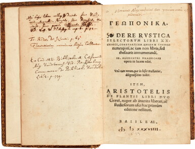 View full screen - View 1 of Lot 44. Bassus, Geoponika; De re rustica, Basel, 1539, later tan morocco gilt, Syston Park copy.