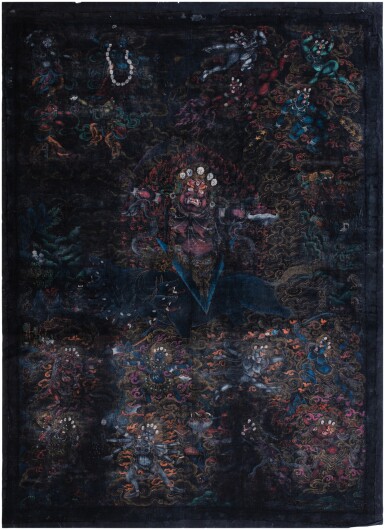 View full screen - View 1 of Lot 58. A nagthang black-ground thangka depicting Vajrakila, Tibet, 18th century | 十八世紀 藏傳普巴金剛黑唐卡 設色布本.