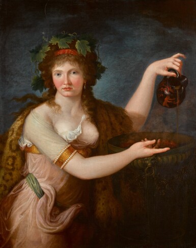 View full screen - View 1 of Lot 502. Emma Hamilton as a Bacchante, wearing classical dress, pouring wine from a Greek vessel.