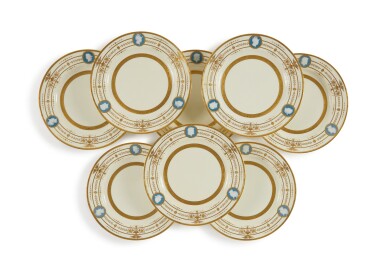 View full screen - View 1 of Lot 370. A SET OF EIGHT MINTONS PÂTE-SUR-PÂTE PLATES SLATE-BLUE AND IVORY-GROUND PLATES, 1915-21.