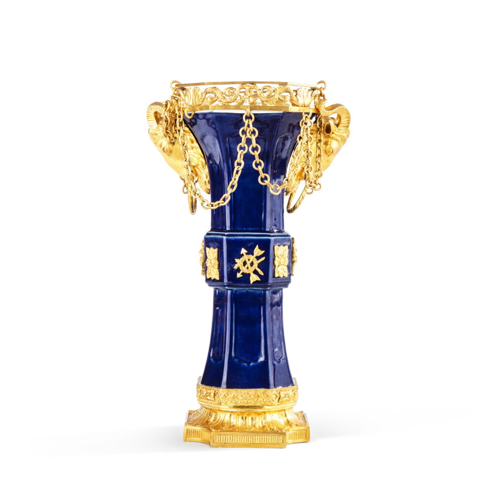 View full screen - View 1 of Lot 587. A gilt-bronze mounted Chinese blue porcelain vase, the porcelain Kangxi period (1662-1722), the mounts late 18th century/early 19th century.
