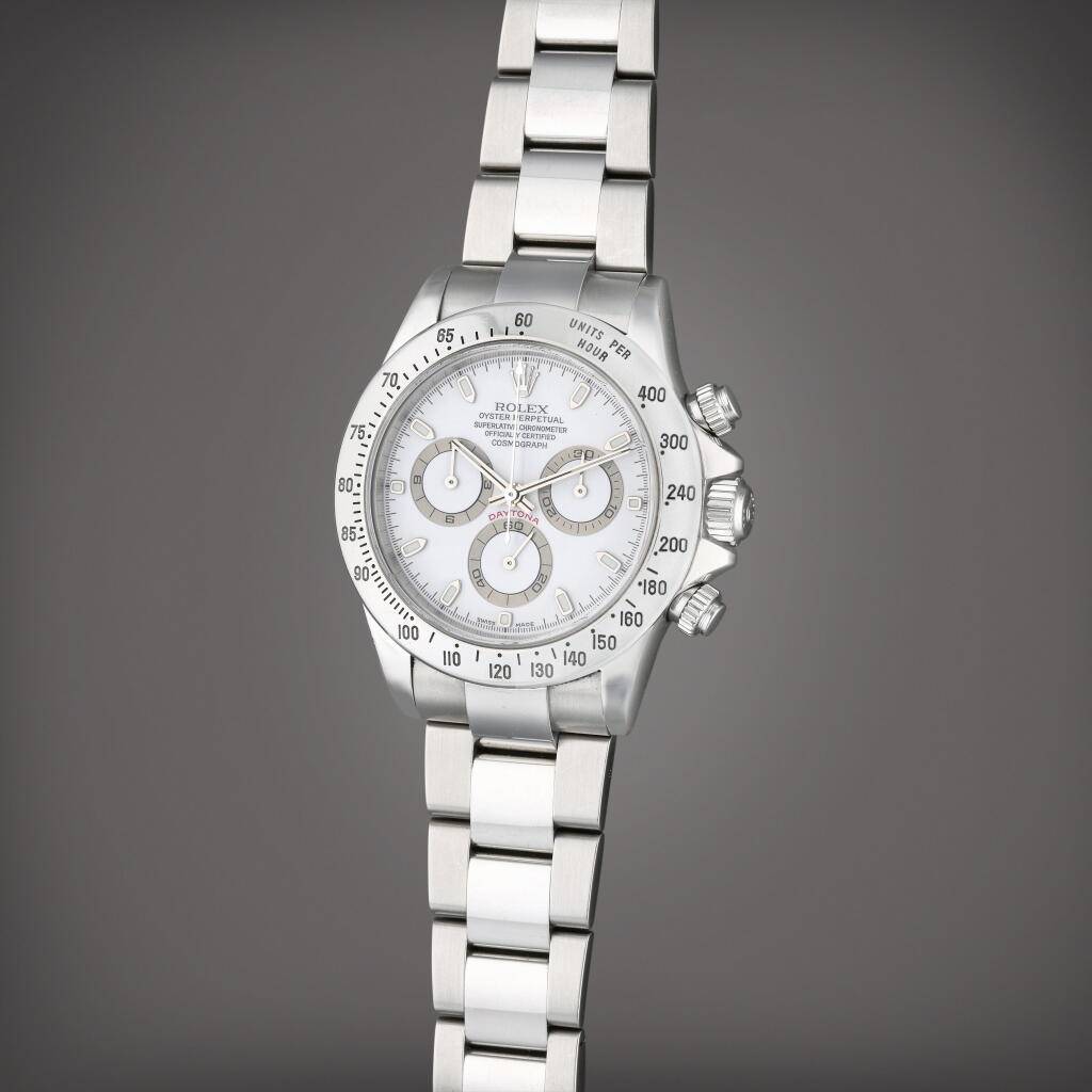 View full screen - View 1 of Lot 30. Reference 116520 Daytona | A stainless steel automatic chronograph wristwatch with bracelet, Circa 2002.