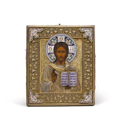 View full screen - View 1 of Lot 324. A parcel-gilt and cloisonné enamel icon of Christ Pantocrator, Sergei Zharov, Moscow, 1908-1917 and later.