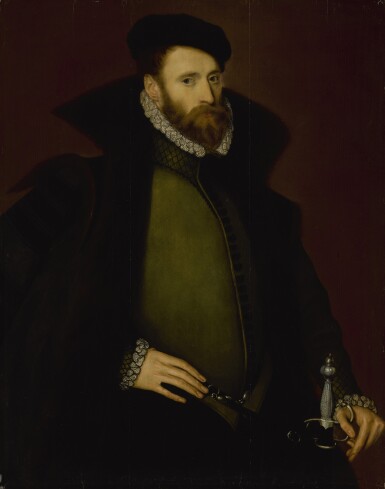 View full screen - View 1 of Lot 112. STEVEN VAN DER MEULEN | PORTRAIT OF GEORGE DACRES OF CHESHUNT (1533-1580), THREE-QUARTER LENGTH, IN A DARK GREEN DOUBLET, FUR CLOAK, HAT, AND SWORD.