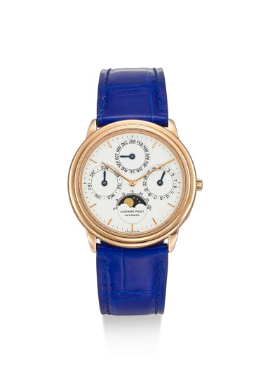 View full screen - View 1 of Lot 8227. AUDEMARS PIGUET | QUANTIEME PERPETUAL AUTOMATIQUE, REFERENCE 25657, A PINK GOLD PERPETUAL CALENDAR WRISTWATCH WITH MOON PHASES, CIRCA 1986.