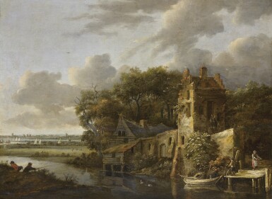 View full screen - View 1 of Lot 106. ATTRIBUTED TO CORNELIS GERRITSZ. DECKER | A river landscape with a cottage, peasants fishing on the bank.