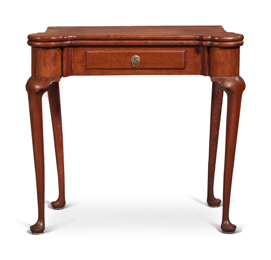 View full screen - View 1 of Lot 45. Very Fine and Rare Queen Anne Figured Mahogany Turret-Top Games Table, Boston, Massachusetts, circa 1740.