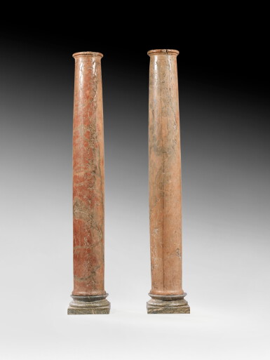 View full screen - View 1 of Lot 14. A pair of pink and grey marble columns, 18th century, on later grey marble bases | Paire de colonnes en marbre rose veiné gris du XVIIIe siècle, sur des bases postérieures en marbre gris veiné.