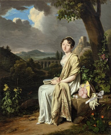View full screen - View 1 of Lot 83. Portrait of a lady, thought to be Antoinette-Charlotte Leduc (1791–1864), seated in a landscape.