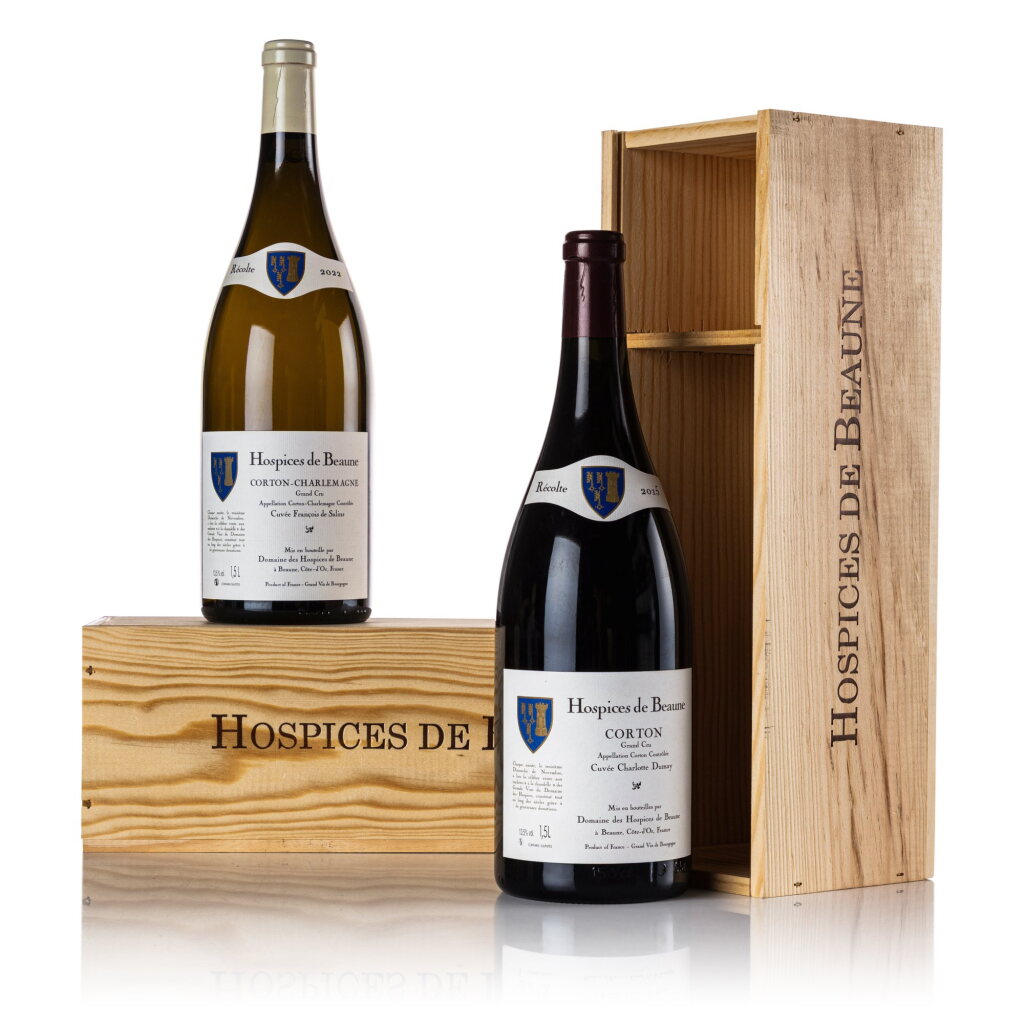 View full screen - View 1 of Lot 25. Wine & Experience | Domaine des Hospices de Beaune, Corton Cuvée Charlotte Dumay 2015 & Corton-Charlemagne Cuvée François de Salins 2022 (2 MAG).
