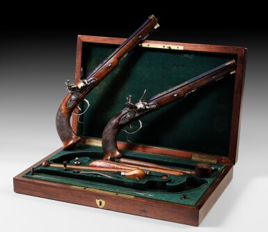 View full screen - View 1 of Lot 11. A cased pair of French flintlock officer’s pistols by Lepage, Paris, 1806 | Rare présent de l'Empereur Napoléon Ier au Duc Antonio Litta, cassette nécessaire de pistolets à silex par LEPAGE, arquebusier de l’Empereur, Datés 1806.