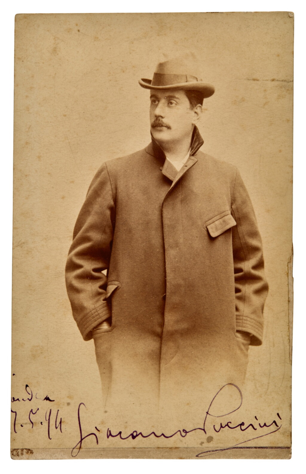 View full screen - View 1 of Lot 213. G. Puccini. Fine early photograph signed, 7 May 1894.