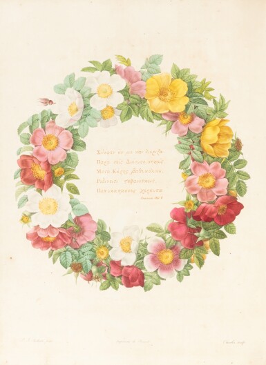 View full screen - View 1 of Lot 45. Les Roses. Paris, 1817-1824. 3 tomes petit in-folio. Reliure de l'époque. Édition originale. Exemplaire provenant de la bibliothèque de Jacques-Philippe Ledru, médecin et oncle d’Alexandre Ledru-Rollin..