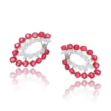 View full screen - View 1 of Lot 976. Pair of Ruby and Diamond Earrings.