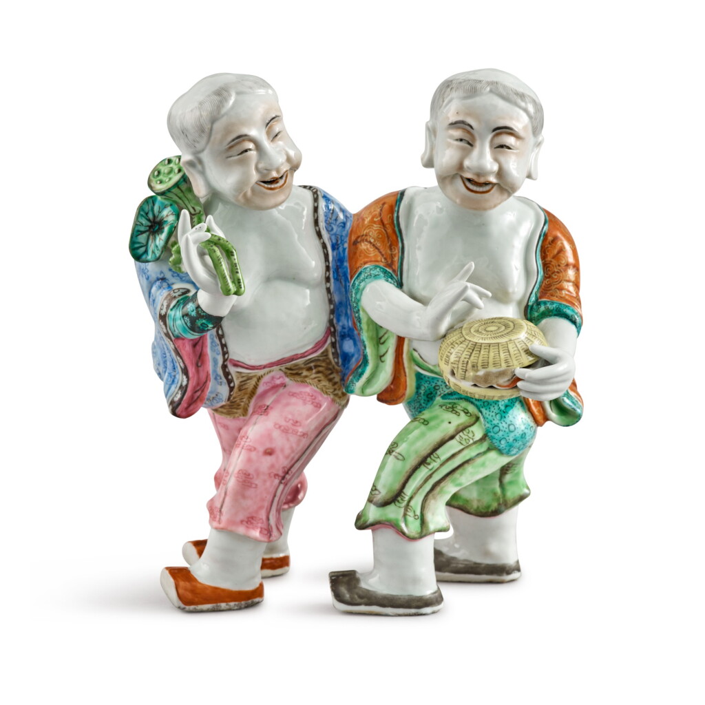 View full screen - View 1 of Lot 342. A Rare Chinese Export Famille-Rose 'Hehe Erxian' Group, Qing Dynasty, 18th Century | 清十八世紀 粉彩和合二仙擺件.