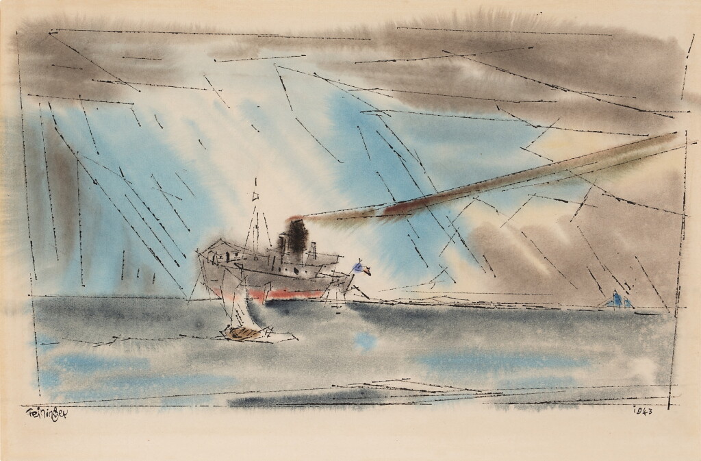 View full screen - View 1 of Lot 248. Freighter and Sailing Ships in the Rain.