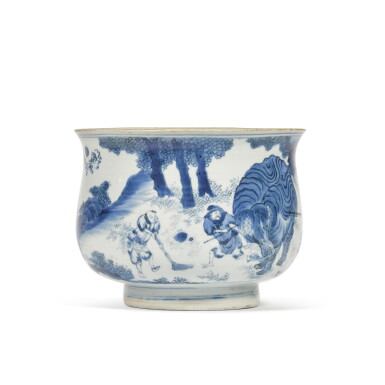 View full screen - View 1 of Lot 46. A blue and white 'washing the elephant' censer, Ming dynasty, Chongzhen period.