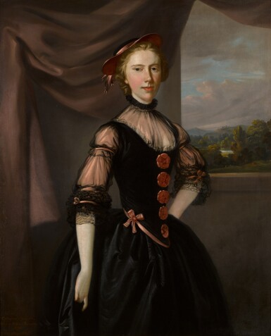 View full screen - View 1 of Lot 168. Portrait of Catherine Whitmore (1722–1800), aged 29, three-quarter-length, wearing a black dress with red rosettes, with a landscape in the distance.