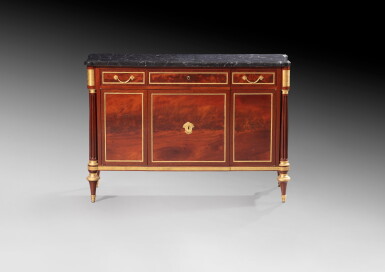 View full screen - View 1 of Lot 57. A gilt-bronze mounted flamed mahogany commode à vantaux, Louis XVI, late 18th century | Commode à vantaux en acajou flammé d'époque Louis XVI, fin XVIIIeme siècle.