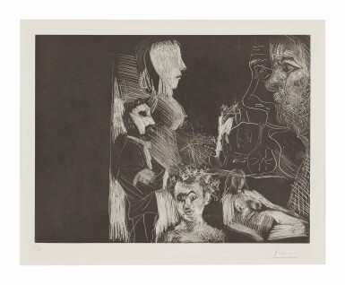 View full screen - View 1 of Lot 46. Jeune couple, vieux couple, spectateur, avec un carrosse au fond (B. 1584; Ba. 1600).