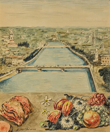 View full screen - View 1 of Lot 65. Veduta di Verona con carne, verdure e frutta (View of Verona with meat, vegetables and fruits).