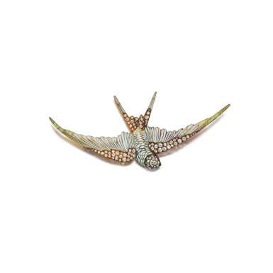 View full screen - View 1 of Lot 122. René Lalique | Enamel and Diamond Brooch 祖母綠配鑽石別針.