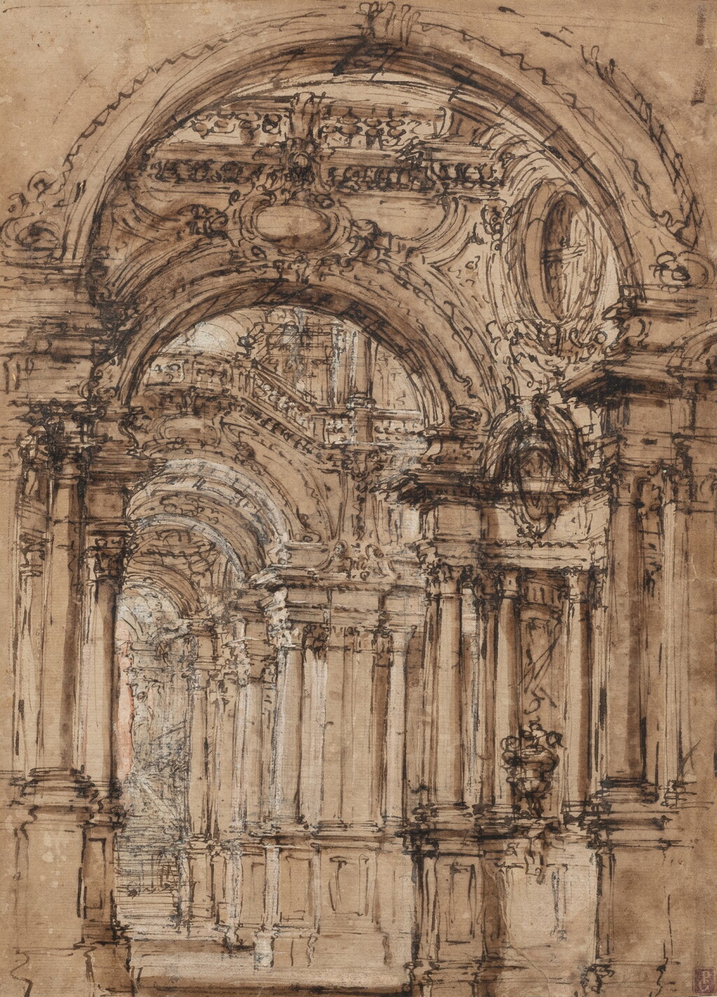 View full screen - View 1 of Lot 153. An architectural fantasy: an elaborate vaulted interior of a church leading to an altar.