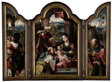 View full screen - View 1 of Lot 114. PIETER COECKE VAN AELST THE ELDER AND WORKSHOP | TRIPTYCH WITH THE ADORATION OF THE MAGI.