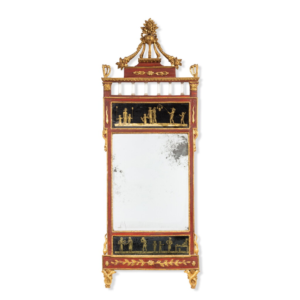 View full screen - View 1 of Lot 213. A painted giltwood, glass and eglomised glass mirror, Italy, Tuscany, circa 1800 | Miroir en bois peint et doré, verre et verre eglomisé, Italie, Toscane, vers 1800.