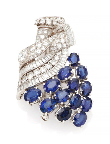 View full screen - View 1 of Lot 21. SAPPHIRE AND DIAMOND BROOCH (SPILLA IN ZAFFIRI E DIAMANTI).
