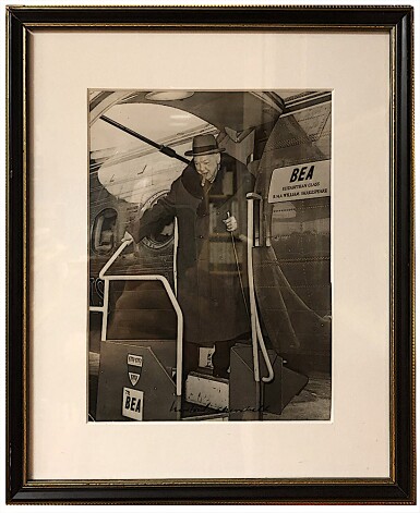 View full screen - View 1 of Lot 85.  [Winston Churchill] — Paul Popper Ltd., photographer | Vintage black and white silver gleatin print, signed by Churchill, 1957.