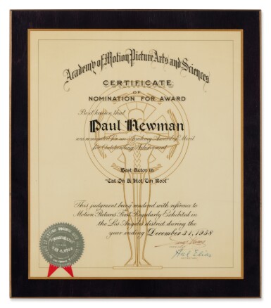 View full screen - View 1 of Lot 170. "Cat on a Hot Tin Roof"| Paul Newman Academy Award® Nomination Plaque.