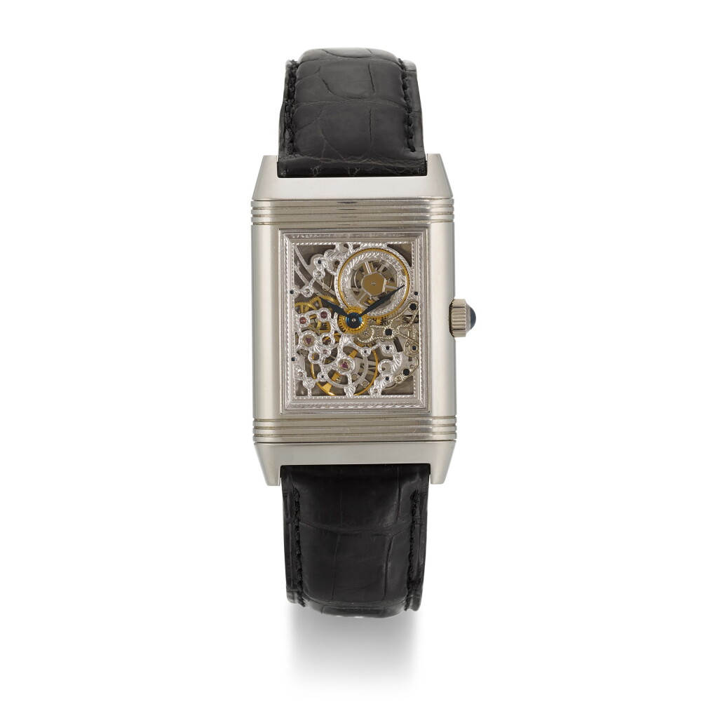 View full screen - View 1 of Lot 351. JAEGER-LECOULTRE | REVERSO PLATINUM NO 1 REFERENCE 270.640.490.SB, PLATINUM SEMI-SKELETONISED REVERSO WRISTWATCH, CIRCA 2001.