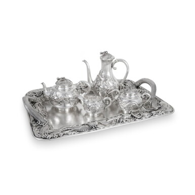 View full screen - View 1 of Lot 658. A Japanese Export Four Piece Silver Tea Set and Tray, Arthur & Bond, Yokohama, Early 20th Century.