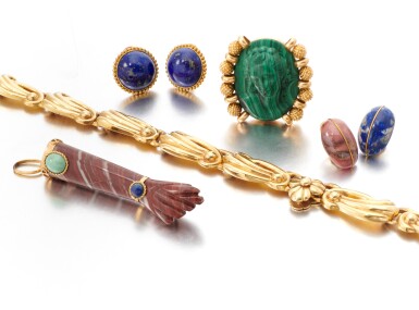 View full screen - View 1 of Lot 4. Collection of hardstone jewels and a necklace .