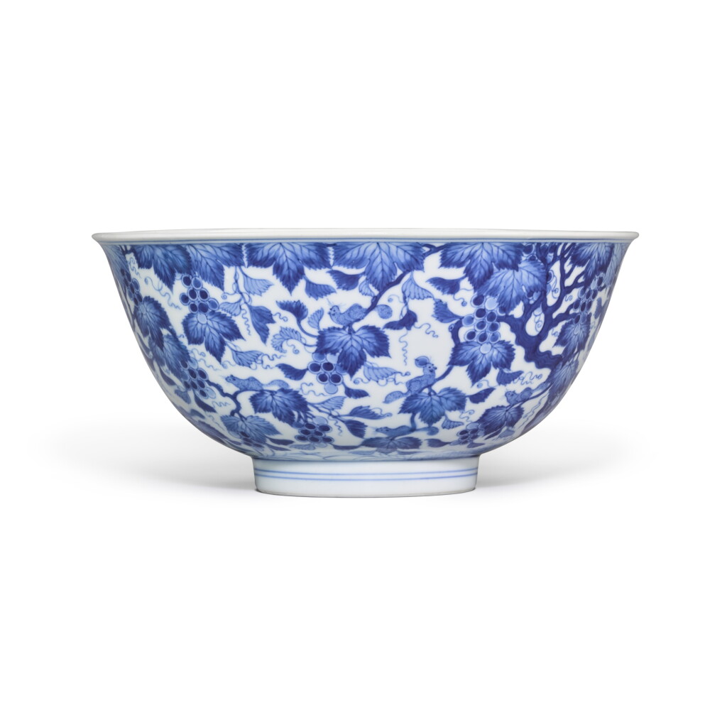 View full screen - View 1 of Lot 240. A blue and white 'squirrel and grape' bowl, Seal mark and period of Qianlong | 清乾隆 青花松鼠葡萄圖盌 《大清乾隆年製》款.