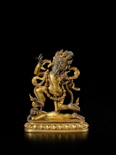 View full screen - View 1 of Lot 103. A gilt-copper alloy figure of Mahakala, Qing dynasty, 18th century.