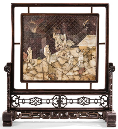 View full screen - View 1 of Lot 38. RARE ÉCRAN DE LETTRÉ EN STÉATITE INCRUSTÉ DYNASTIE QING, ÉPOQUE KANGXI | 清康熙 芙蓉石人物故事圖插屏 | A rare embellished soapstone table screen, Qing Dynasty, Kangxi period.
