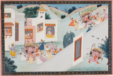 View full screen - View 1 of Lot 194. An illustration from a Ramayana series: Ravana meeting Vishnu, attributable to Purkhu and his family workshop, North India, Kangra, circa 1800-20.