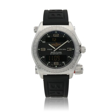 View full screen - View 1 of Lot 112. Emergency, Ref. J5632111/B433 Limited edition white gold multi-functional LCD wristwatch with emergency beacon Circa 1998.
