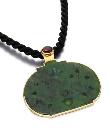 View full screen - View 1 of Lot 207. NEPHRITE AND RUBY PENDANT NECKLACE.